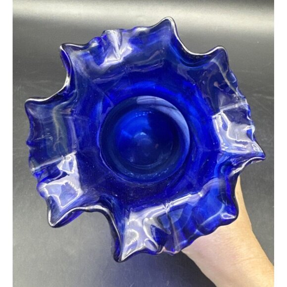 VTG MCM Cobalt Blue Swirl Glass Vase Crimped Ruffled Rim 8.5” - Picture 2 of 6